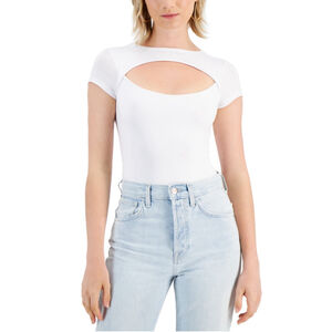 Just Polly Women's Extra Small White Knit Cutout Short Sleeve Thong Bodysuit NWT